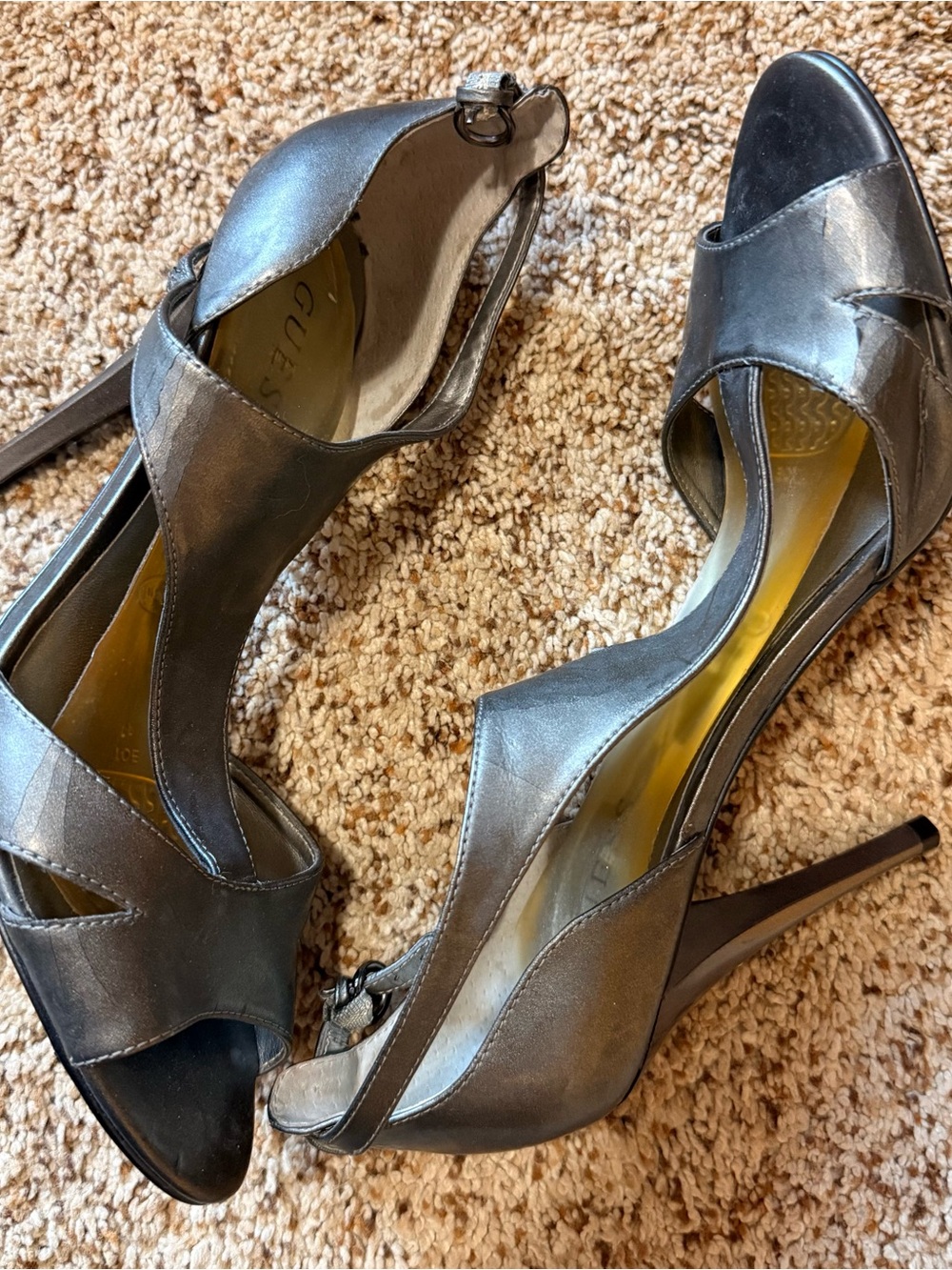 GUESS Metallic Silver Open-Toe Slingback Heels